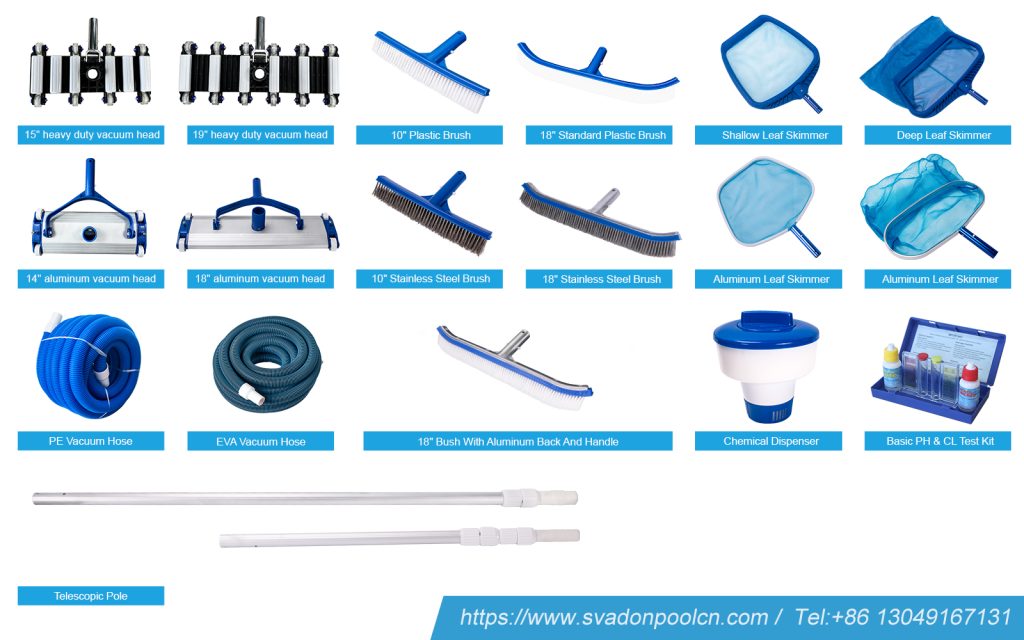 pool cleaning, pool cleaning tool, pool equipment, pool vacuum head, pool brush, pool leaf skimmer, pool vacuum hose, pool cleaning hose, chemical dispenser, pool water quality test kit, swimming pool water quality testing 