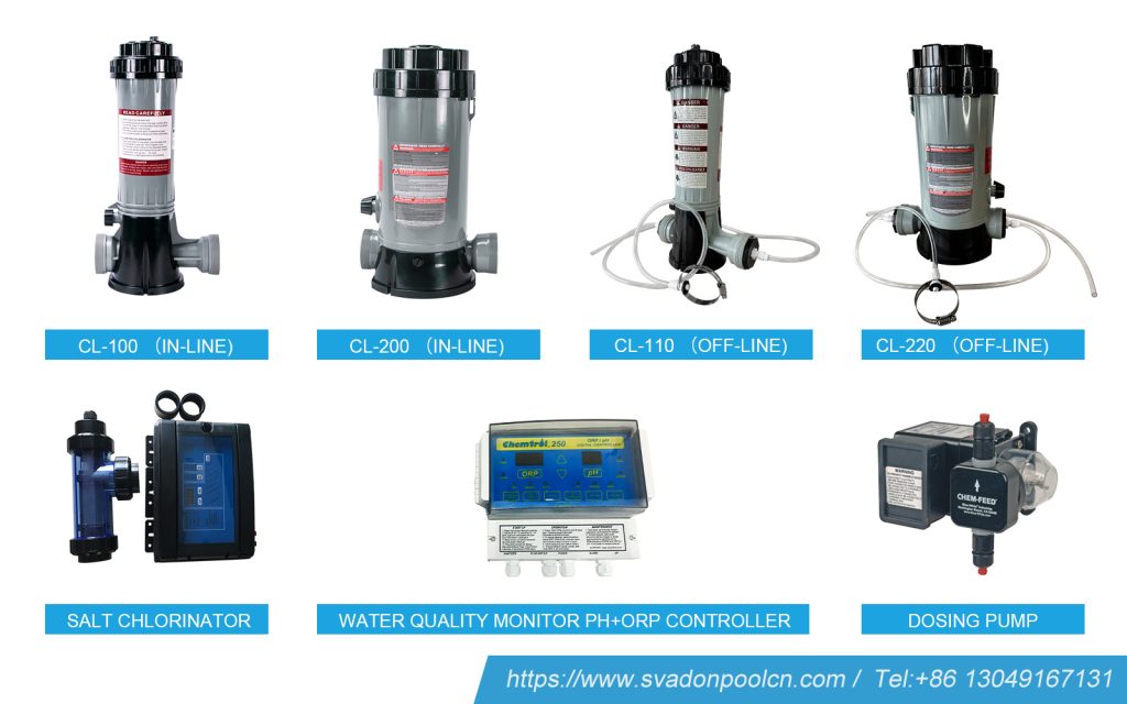 swimming pool disinfection, chlorine feeder, salt chlorinator, pool water quality monitor controller, pool dosing pump 