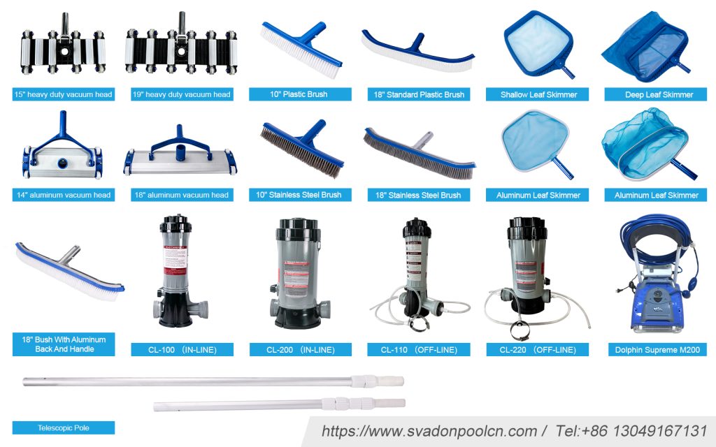 pool cleaning equipment, pool cleaning tools, piscina cleaning, pool vacuum head, pool brush, pool wall brush, pool leaf skimmer, chlorine feeder, pool cleaner, pool robot cleaner